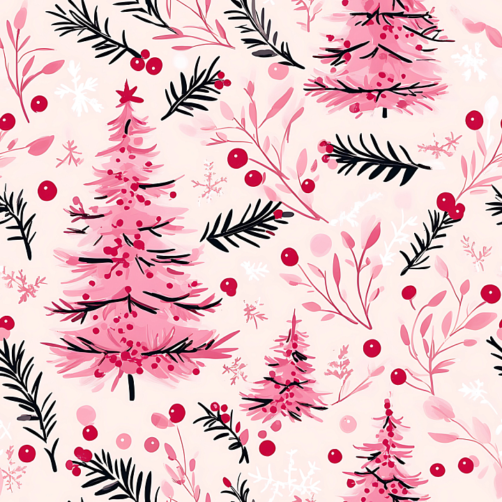 All Christmas Digital paper of Pink Christmas Trees and Festive Foliage seamless PBR texture preview