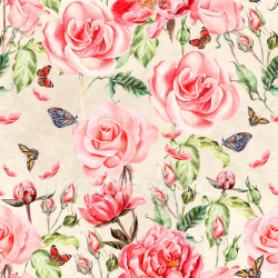seamless Seamless 3D PBR Texture Featuring Pink Roses and Butterflies on Cream Background texture 8k free download PBR