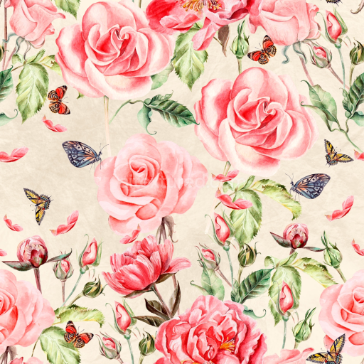 Seamless 3D PBR Texture Featuring Pink Roses and Butterflies on Cream Background