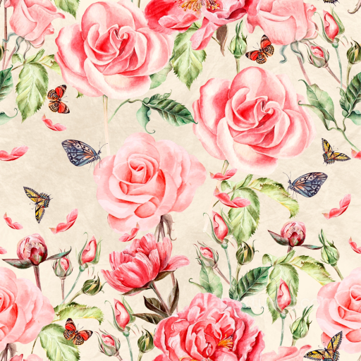 Featuring Pink Roses and Butterflies on Cream Background seamless Flower PBR texture