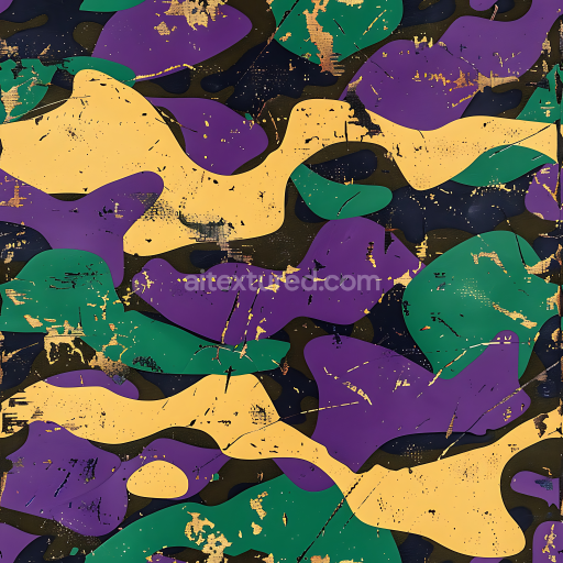 Seamless Stylized 3D Camouflage PBR Texture in Green, Purple and Yellow Abstract Pattern