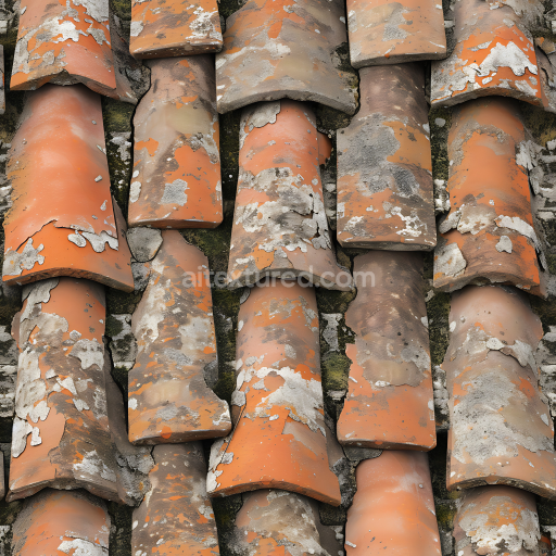 Seamless 3D Weathered Terracotta Roof Tile PBR Texture with Moss and Lichen