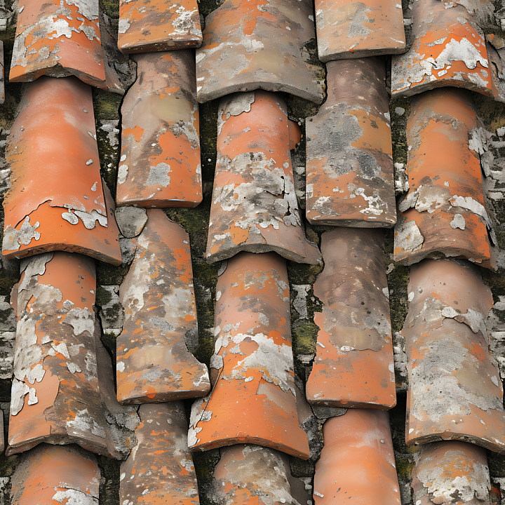 Weathered Terracotta Roof Tile with Moss and Lichen seamless PBR texture preview