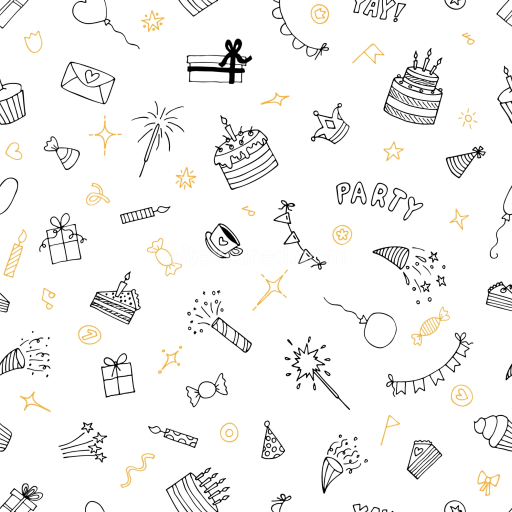 Seamless 3D PBR Texture of Hand-Drawn Birthday Party Icons in Black and Gold