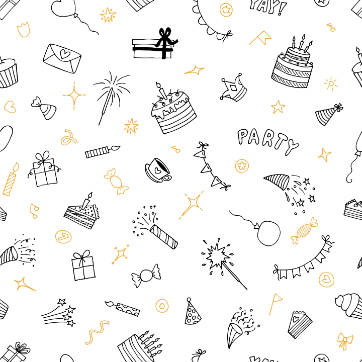 Hand-Drawn Birthday Party Icons in Black and Gold seamless PBR texture preview