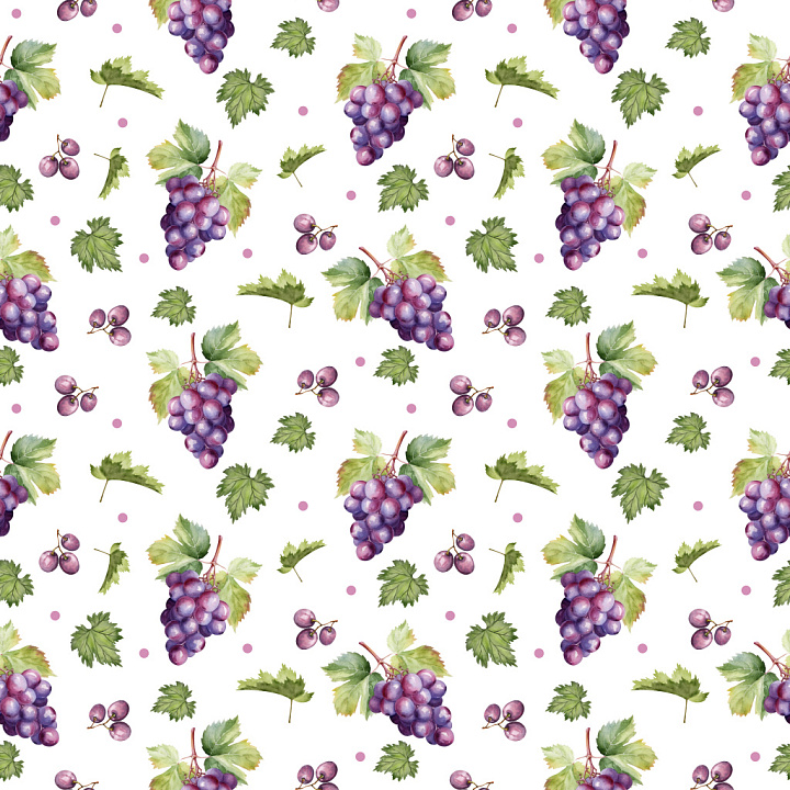 Pattern with Watercolor Grape Clusters and Green Leaves seamless PBR texture preview