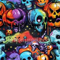 seamless Seamless 3D PBR Texture Featuring Vibrant Halloween Skulls and Pumpkins Graffiti texture 8k free download PBR