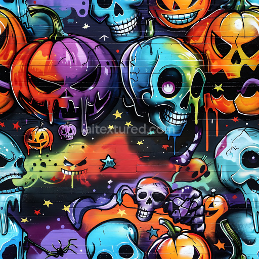 Seamless 3D PBR Texture Featuring Vibrant Halloween Skulls and Pumpkins Graffiti