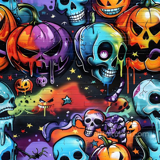 Seamless 3D PBR Texture Featuring Vibrant Halloween Skulls and Pumpkins Graffiti texture preview