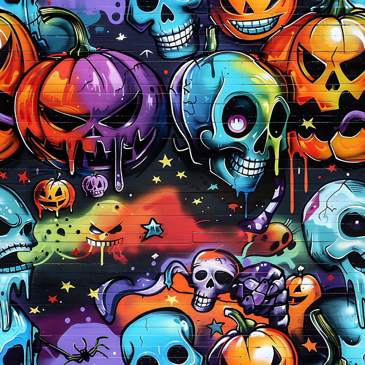 Featuring Vibrant Halloween Skulls and Pumpkins Graffiti seamless PBR texture preview