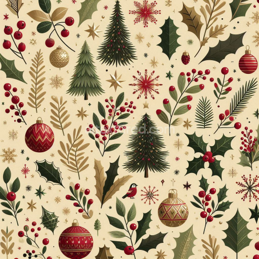 Seamless 3D PBR Vintage Christmas Texture with Holiday Ornaments and Foliage