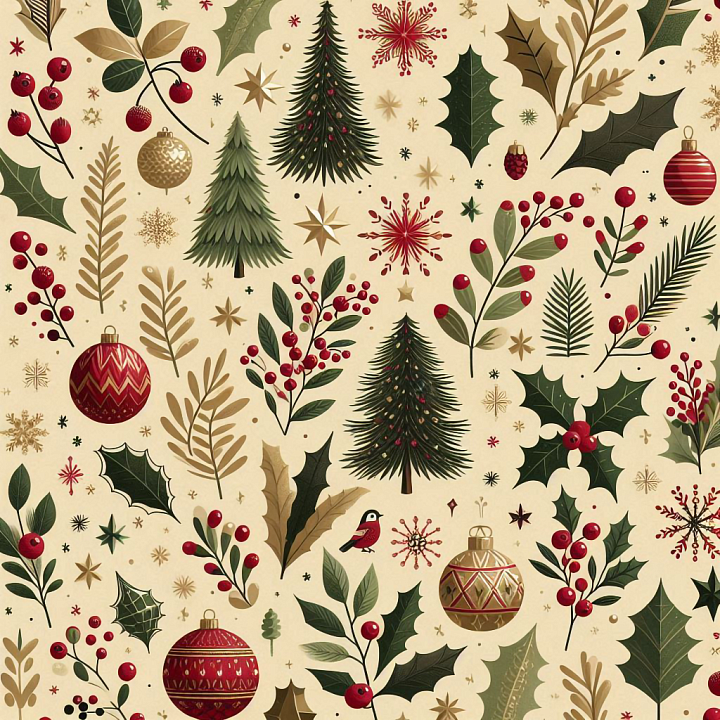 Vintage Christmas with Holiday Ornaments and Foliage seamless PBR texture preview