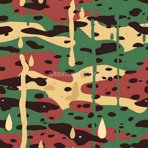 Seamless 3D Stylized Woodland Camouflage PBR Texture with Dripping Paint Effect