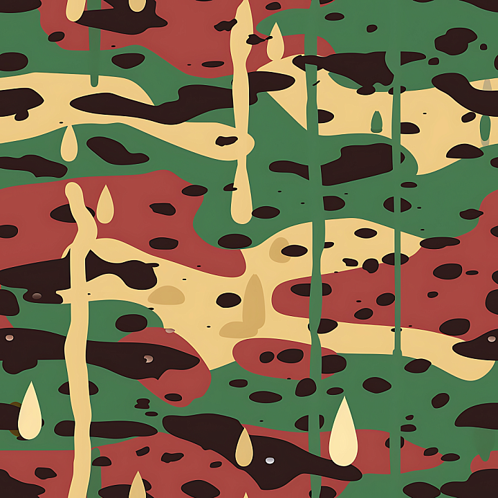 Stylized Woodland Camouflage with Dripping Paint Effect seamless PBR texture preview