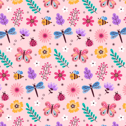 Seamless 3D PBR Texture of Colorful Cartoon Insects and Floral Motifs