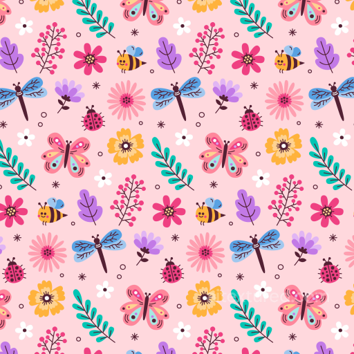 Dragonfly Texture of Colorful Cartoon Insects and Floral Motifs seamless Dragonfly PBR texture