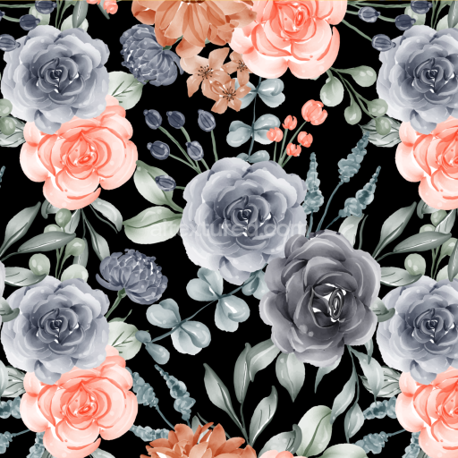 Seamless 3D PBR Floral Fabric Texture Featuring Coral and Gray Roses on Black