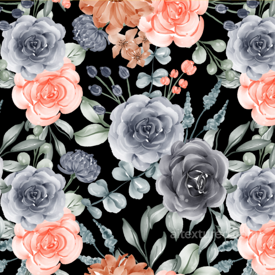 Floral Fabric Texture Featuring Coral and Gray Roses on Black Floral texture preview