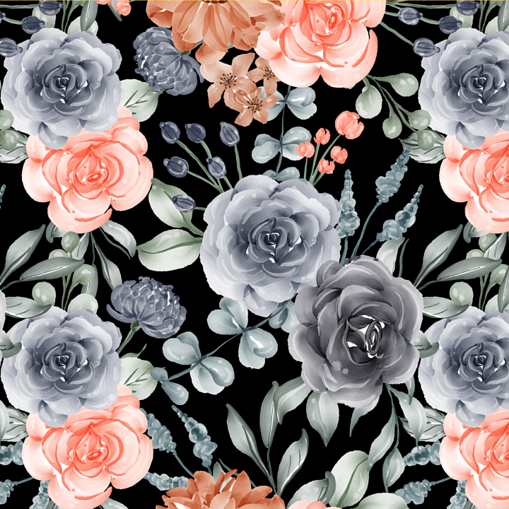 Floral Fabric Featuring Coral and Gray Roses on Black seamless PBR texture preview