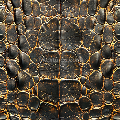 Seamless 3D PBR texture of cracked black crocodile leather with aged grain and deep cracks