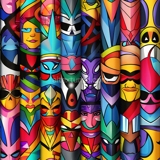 Seamless 3D PBR Graffiti Texture Featuring Vibrant Tribal Mask Designs