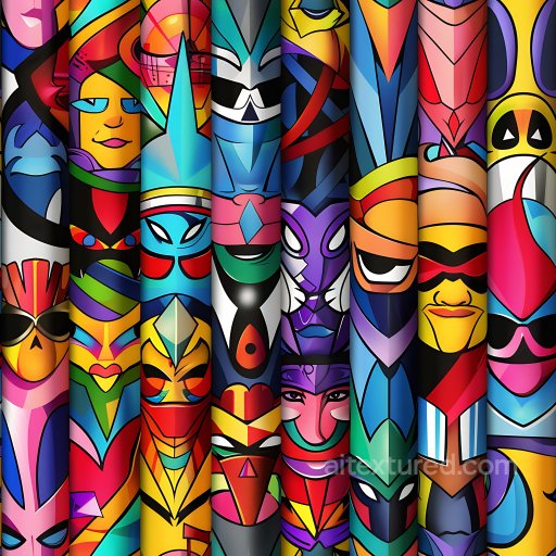 Seamless 3D PBR Graffiti Texture Featuring Vibrant Tribal Mask Designs texture preview