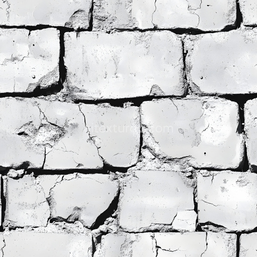 Seamless 3D cracked white brick wall PBR texture with chipped and fractured details