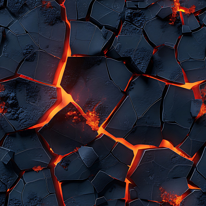Cracked Volcanic Lava Rock with Fiery Glowing Fissures seamless PBR texture preview