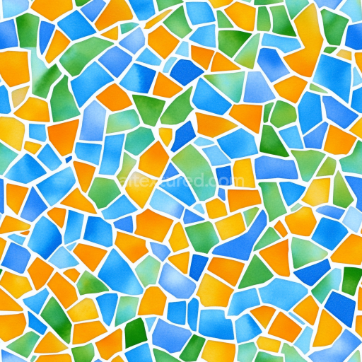 Seamless 3D Mosaic PBR Texture with Vibrant Broken Ceramic Tiles in Blue, Orange, and Gre… texture preview