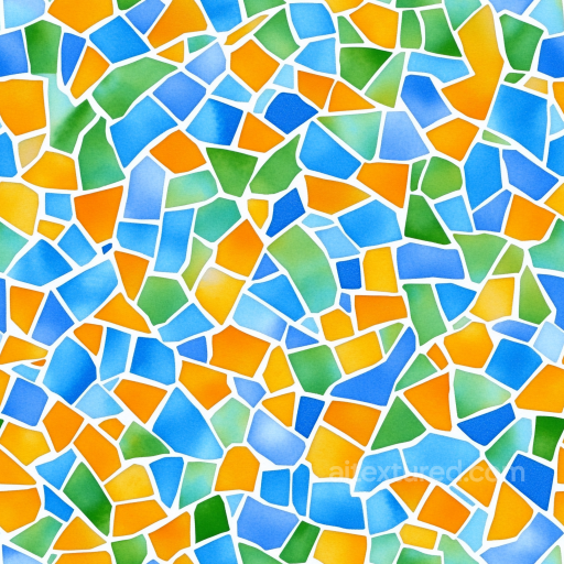 Mosaic PBR Texture with Vibrant Broken Ceramic Tiles in Blue, Orange, and Green seamless Mosaic PBR texture