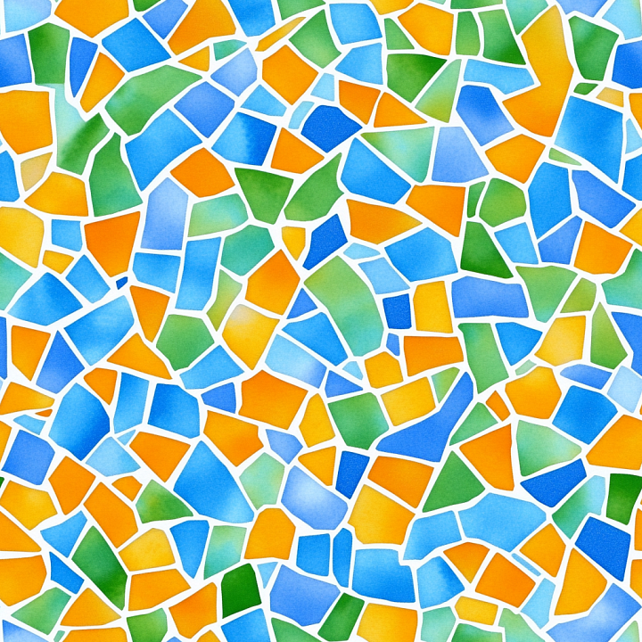 Mosaic with Vibrant Broken Ceramic Tiles in Blue, Orange, and Green seamless PBR texture preview