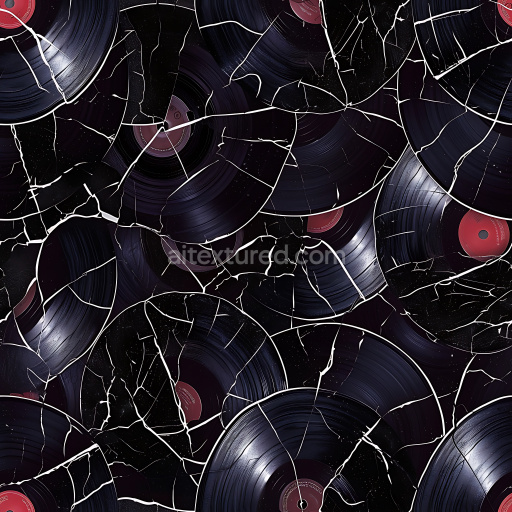 Seamless 3D PBR Texture of Cracked Vintage Vinyl Records with Distinctive Fractured Pattern and Dark Red Labels