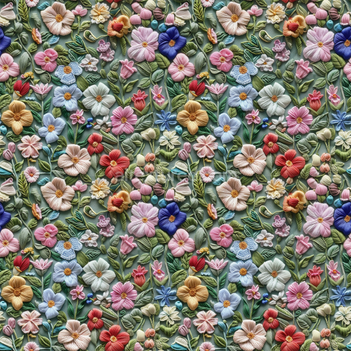 Seamless 3D PBR Embroidered Floral Fabric Texture with Multicolor Flowers