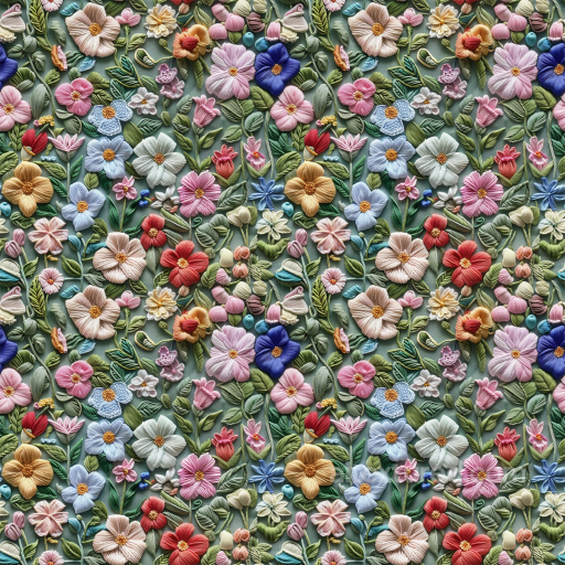Embroidered Floral Fabric Texture with Multicolor Flowers seamless Embroidered floral PBR texture