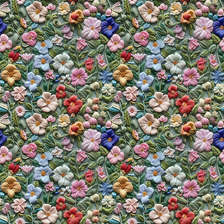 Embroidered Floral Fabric with Multicolor Flowers seamless PBR texture preview