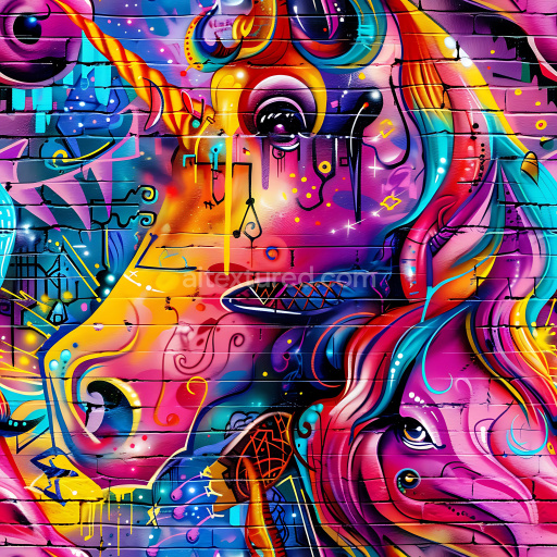 Seamless 3D PBR Graffiti Texture Featuring Colorful Unicorns and Dynamic Street Art