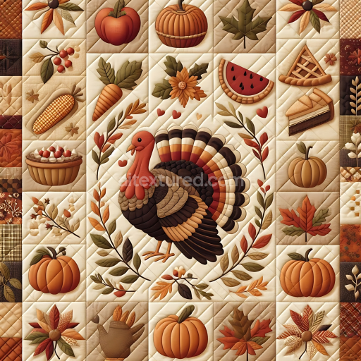 Seamless 3D PBR Quilted Thanksgiving Fabric Texture with Autumn Motifs
