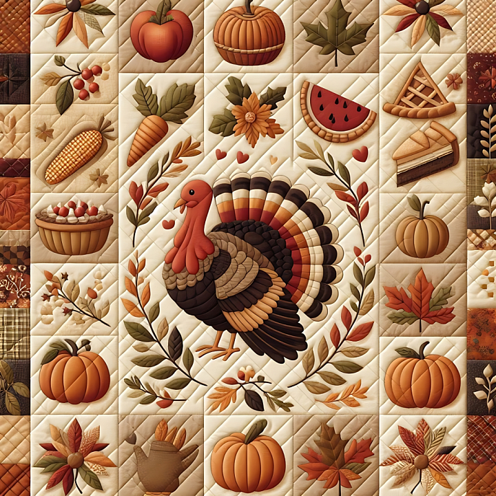 Quilted Thanksgiving Fabric with Autumn Motifs seamless PBR texture preview