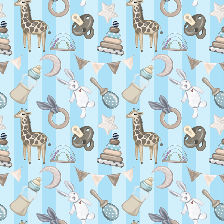 Baby Boy Toys Pattern Fabric in Soft Pastel Blue seamless PBR texture preview