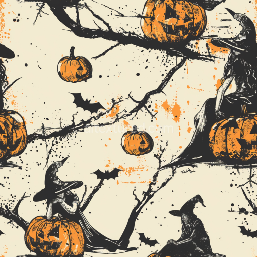 Seamless 3D PBR Vintage Halloween Fabric Texture with Witch and Pumpkin Illustrations