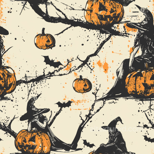 Vintage Halloween Fabric Texture with Witch and Pumpkin Illustrations seamless Vintage Halloween PBR texture