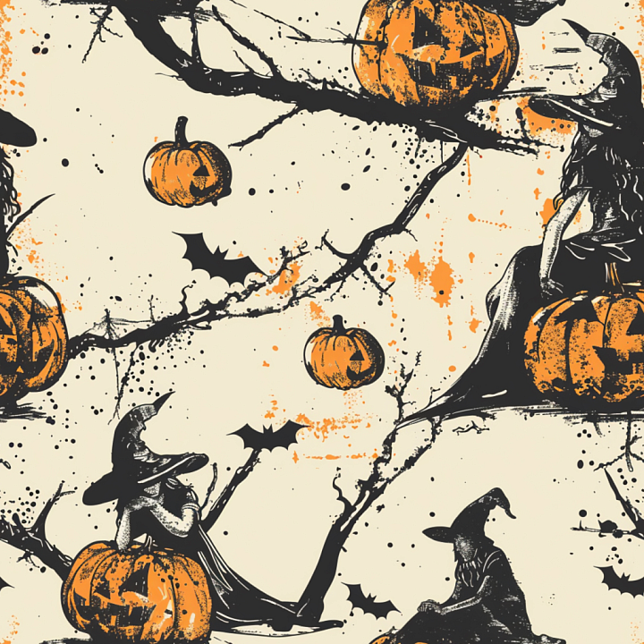 Vintage Halloween Fabric with Witch and Pumpkin Illustrations seamless PBR texture preview