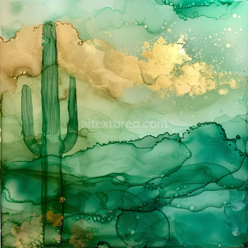 Seamless 3D Alcohol Ink PBR Texture Featuring Green Desert Cactus and Gold Veins