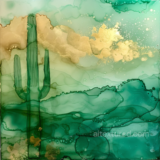 Alcohol Ink PBR Texture Featuring Green Desert Cactus and Gold Veins seamless Alcohol ink PBR texture