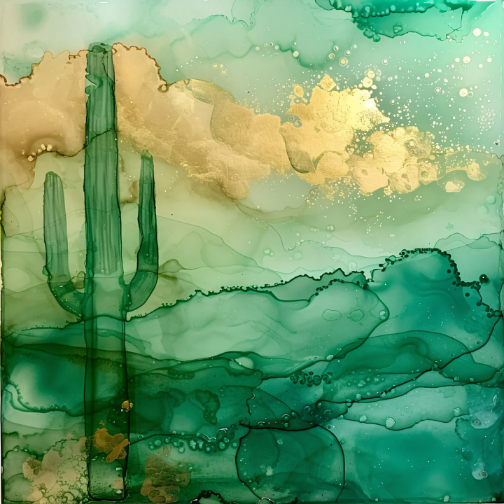 Alcohol Ink Featuring Green Desert Cactus and Gold Veins seamless PBR texture preview
