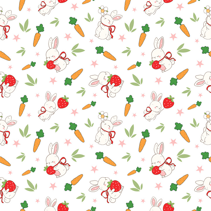 Pattern with Cute Bunny, Carrot, Strawberry Motifs seamless PBR texture preview