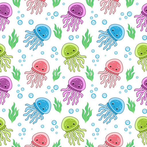 Pattern Bundle - Seamless 3D Pattern PBR Texture Featuring Colorful Cute Jellyfish and Seaweed Motifs texture preview