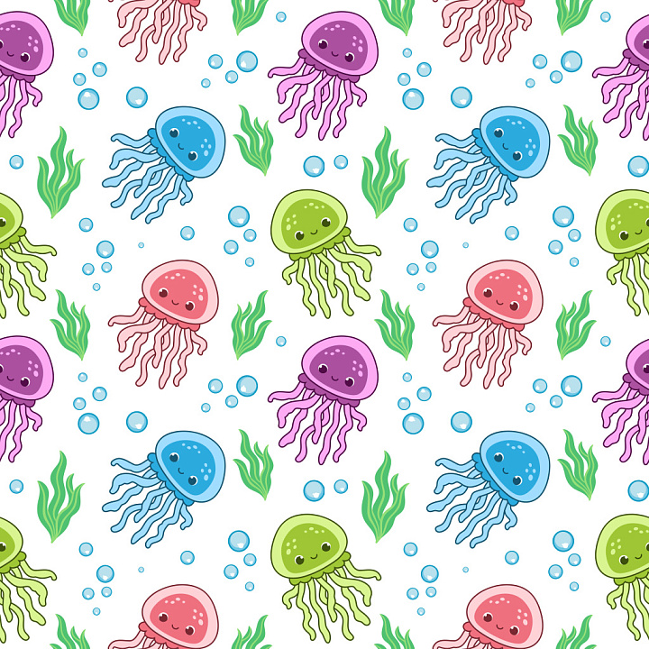 Pattern Featuring Colorful Cute Jellyfish and Seaweed Motifs seamless PBR texture preview