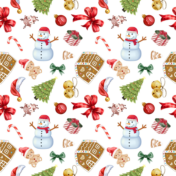 Pattern Featuring Festive Christmas Motifs in Watercolor Style seamless PBR texture preview