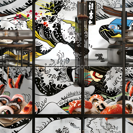 Seamless 3D PBR Graffiti Texture Featuring Japanese Wave-Inspired Black and White Mural with Colorful Accents